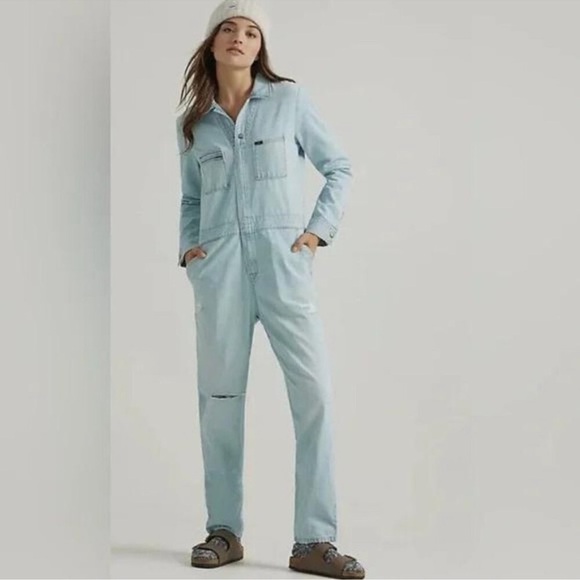 Free People Lee Vintage Modern Union-Alls Denim Jumpsuit Light Wash Utility M - Picture 1 of 5